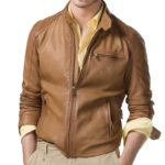 Front view of urbane brown leather fashion jacket with sleek modern cut