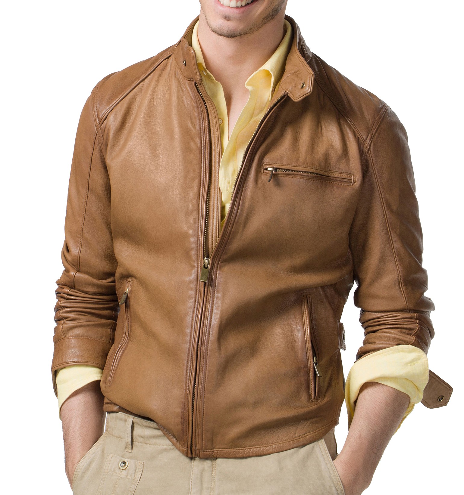 Front view of urbane brown leather fashion jacket with sleek modern cut Front view of urbane brown leather fashion jacket with sleek modern cut
