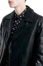 Sleek and edgy biker jacket in black leather styled with modern vanity fashion