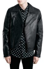 Front view of Vanity black leather biker jacket with lapel collar and zipped pockets
