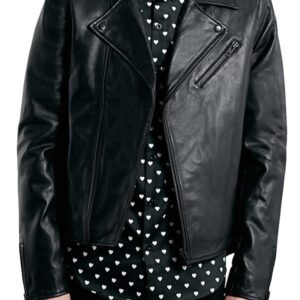 Front view of Vanity black leather biker jacket with lapel collar and zipped pockets
