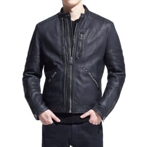 Front view of Vogue matte black leather jacket with sleek zipper design