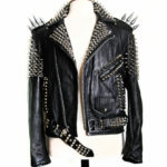 HANDMADE WOMEN BLACK COLOUR SILVER SPIKED STUDDED LEATHER JACKET