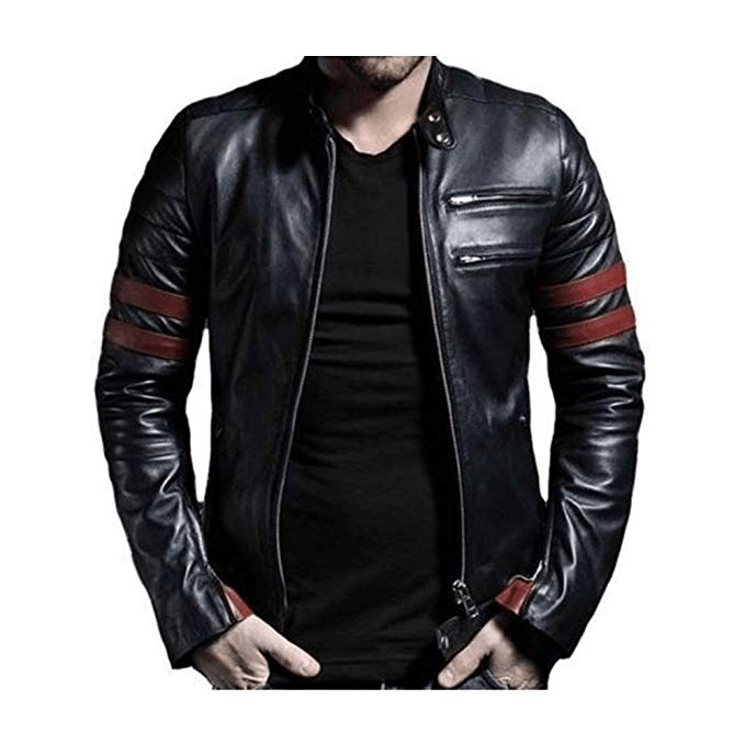 Man wearing Fight Club style leather biker jacket with bold red stripes on sleeves Man wearing Fight Club style leather biker jacket with bold red stripes on sleeves