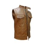 Men's Real Cow Leather Brown Motorcycle Vest - Image 5