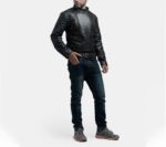 Stylish model posing in Phantom black leather biker jacket made for urban riders
