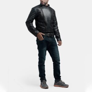 Stylish model posing in Phantom black leather biker jacket made for urban riders