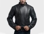 Man wearing Phantom motorcycle black leather jacket with aggressive biker styling