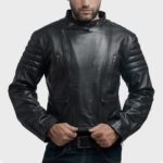 Man wearing Phantom motorcycle black leather jacket with aggressive biker styling