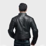 Back of black leather finish on Phantom-inspired motorcycle jacket for men
