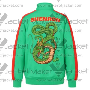 Back View of Dragon Ball Shenron Track Jacket Featuring featuring SHENRON spell and embroidered dragon design on the back.