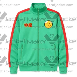 Front View Of Dragon Ball Shenron Track Jacket Featuring Star Circle Patch, zip-up collar, rib knitted cuffs, and YKK zipper closure.