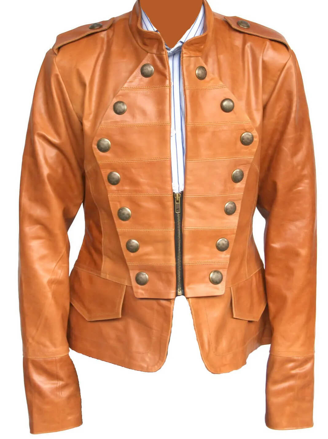 Handmade Women’s Brown Studded Military Style Leather Jacket (5) Handmade Women’s Brown Studded Military Style Leather Jacket