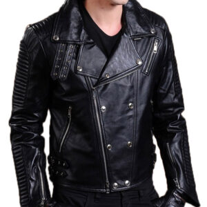 Men’s fashion black motorcycle jacket with sleek design and silver zipper details.