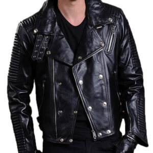 Men’s black biker jacket featuring classic moto styling and fitted silhouette.