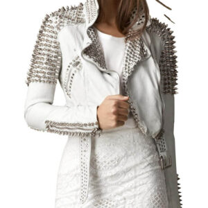 White leather biker jacket featuring long silver spikes and bold studded detailing on shoulders