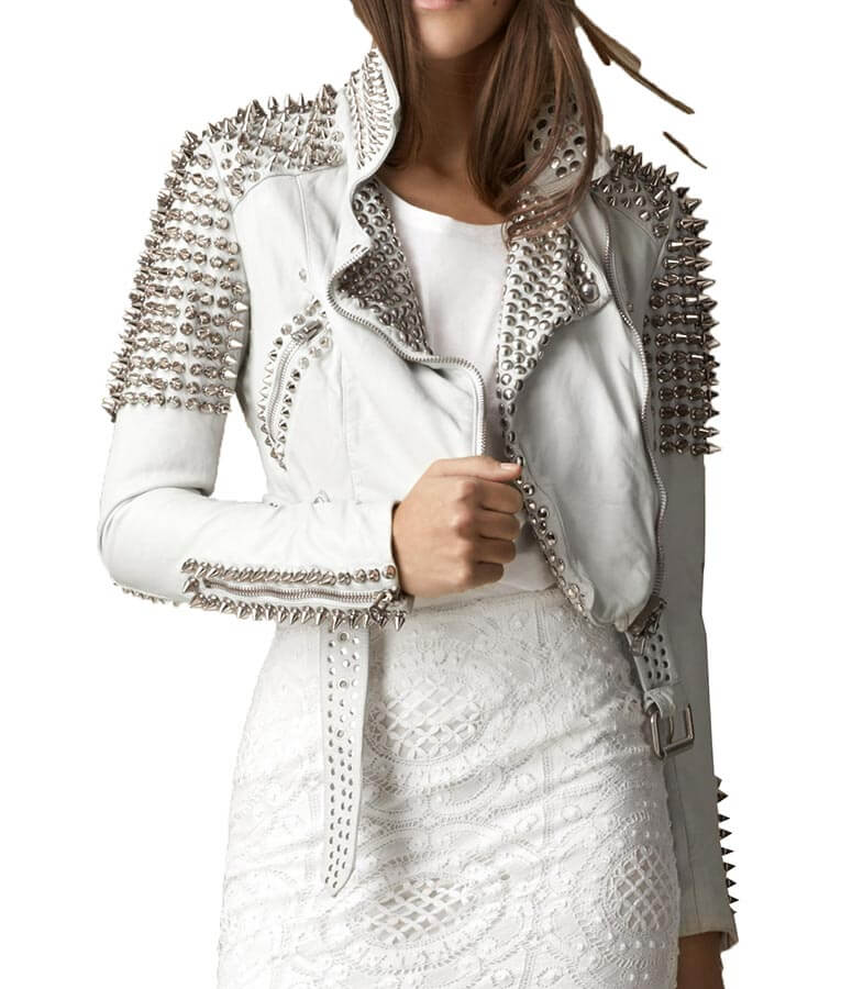 White leather biker jacket featuring long silver spikes and bold studded detailing on shoulders White leather biker jacket featuring long silver spikes and bold studded detailing on shoulders