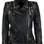 Women's black genuine leather biker jacket with silver studs and front zipper closure.