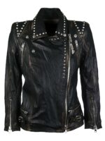 Women's black genuine leather biker jacket with silver studs and front zipper closure.