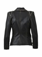Genuine leather black jacket for women with silver zippers and studded detailing.