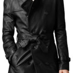 Handmade Men's Black Leather Trench Coat