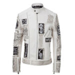 Handmade Men's Fashion White Leather Silver Studded Jacket
