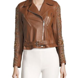 Woman wearing handmade brown leather biker jacket with genuine leather finish and tailored fit
