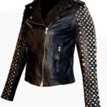 Kishi women's black leather biker jacket with silver zipper and classic moto style.