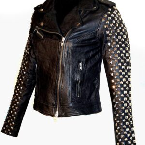 Kishi women's black leather biker jacket with silver zipper and classic moto style.