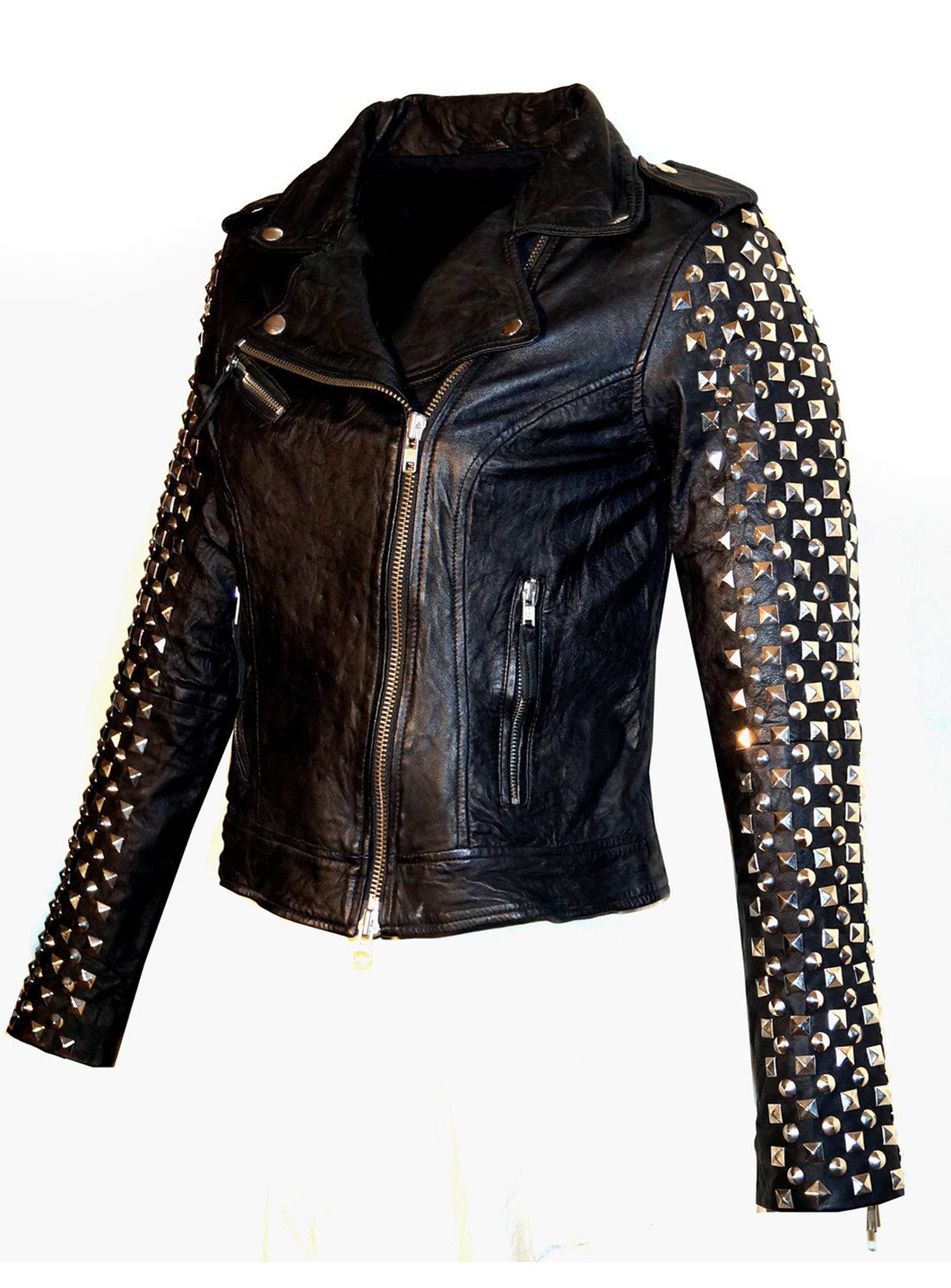 Kishi women's black leather biker jacket with silver zipper and classic moto style. Kishi women's black leather biker jacket with silver zipper and classic moto style.