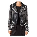 Classic women’s black leather jacket with biker design, perfect for everyday street style.