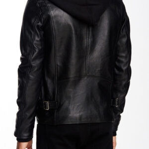 Stylish men’s black leather moto jacket featuring removable hood and classic biker design.