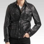 Men Black Leather with Front Cargo Pockets