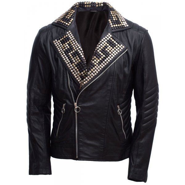 Man wearing black biker leather jacket with multi-pattern silver studs and classic cut Man wearing black biker leather jacket with multi-pattern silver studs and classic cut