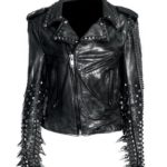 Man wearing black silver studded leather Brando jacket with long spiked punk details