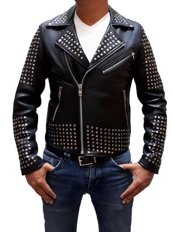 Black Brando-style biker jacket made from genuine leather with silver stud Black Brando-style biker jacket made from genuine leather with silver stud