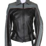 Classic men’s black leather biker jacket with silver zippers and rugged design.