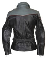 Men’s black motorcycle leather jacket featuring zip closure and notched lapel.