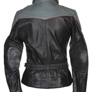 Men’s black motorcycle leather jacket featuring zip closure and notched lapel.