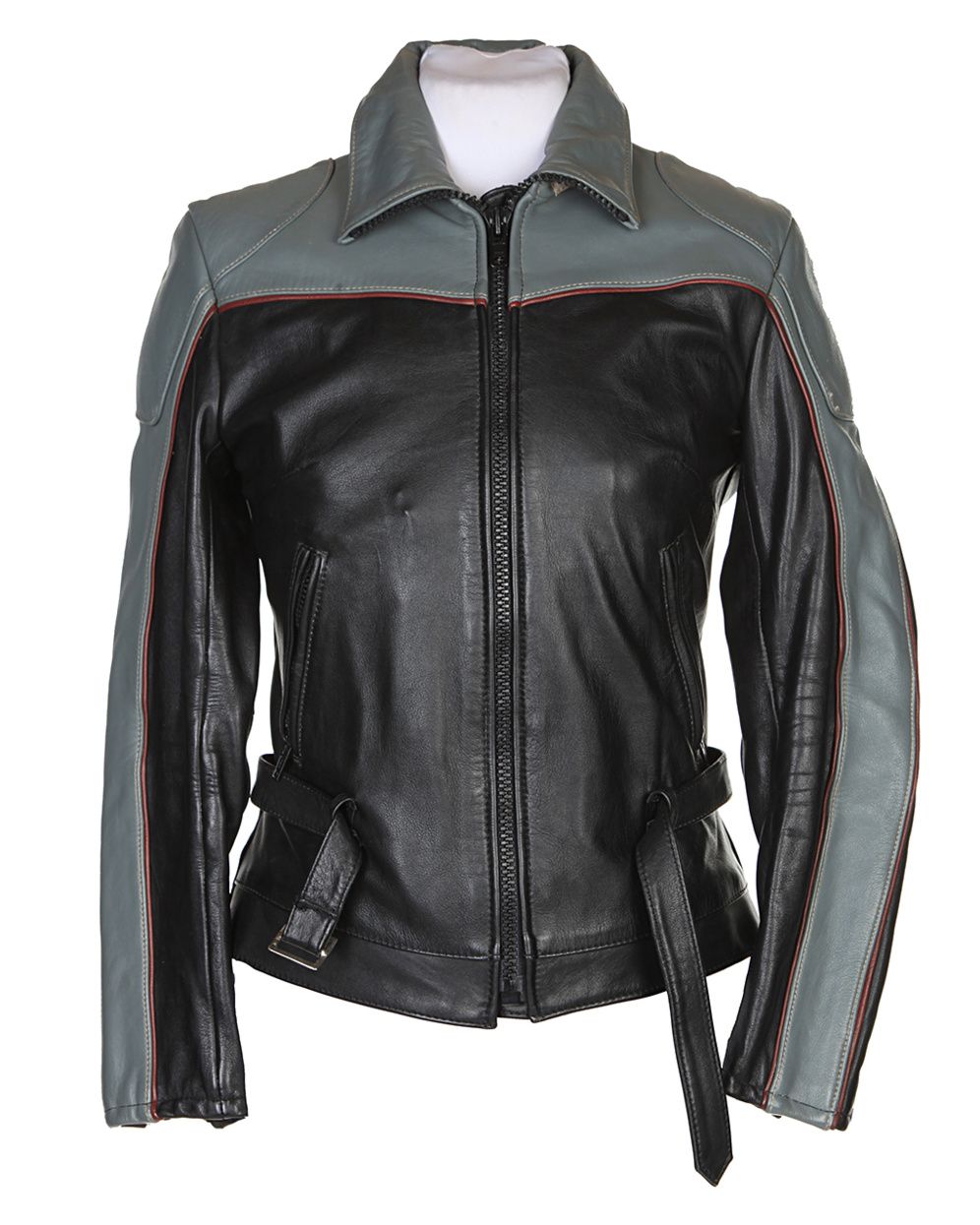 Classic men’s black leather biker jacket with silver zippers and rugged design. Classic men’s black leather biker jacket with silver zippers and rugged design.