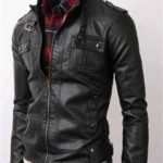 Slim fit black leather motorcycle jacket for men with modern biker style.