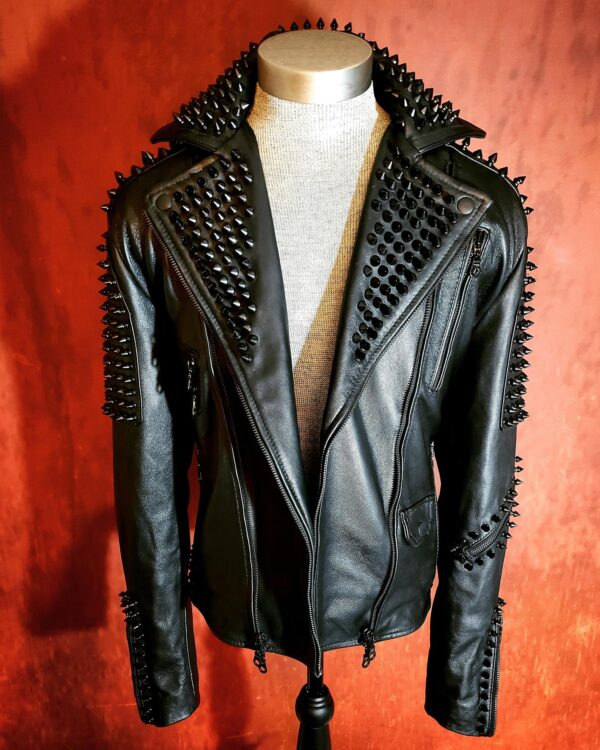 Men's Black Spiked Studded Punk Rock Leather Jacket - Image 2