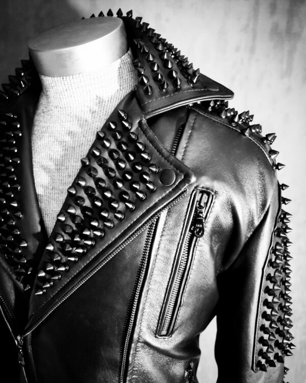 Men's Black Spiked Studded Punk Rock Leather Jacket - Image 7