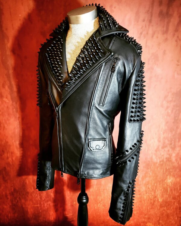 Men's Black Spiked Studded Punk Rock Leather Jacket - Image 8