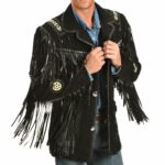 Men's Black Suede Leather Fringed Cowboy Style Western Jacket
