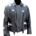 Men's Black Western Native American Cow Leather Jacket Fringes Beads
