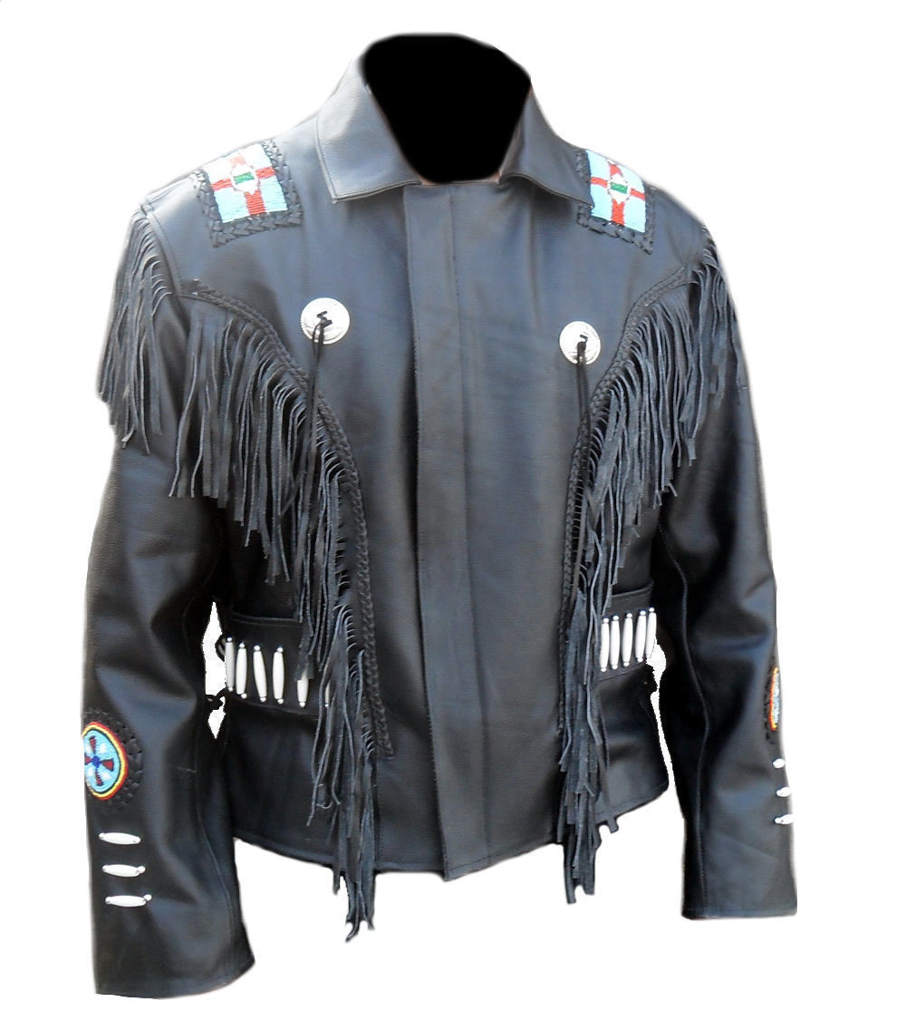 mens-black-western-native-american-cow-leather-jacket-fringes-beads Men's Black Western Native American Cow Leather Jacket Fringes Beads - Image 1
