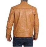 Genuine brown leather motorcycle jacket for men featuring durable build and sleek fit.