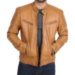 Men’s brown real leather biker jacket with classic moto design and silver zippers.