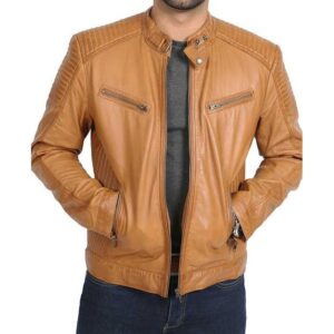 Men’s brown real leather biker jacket with classic moto design and silver zippers.